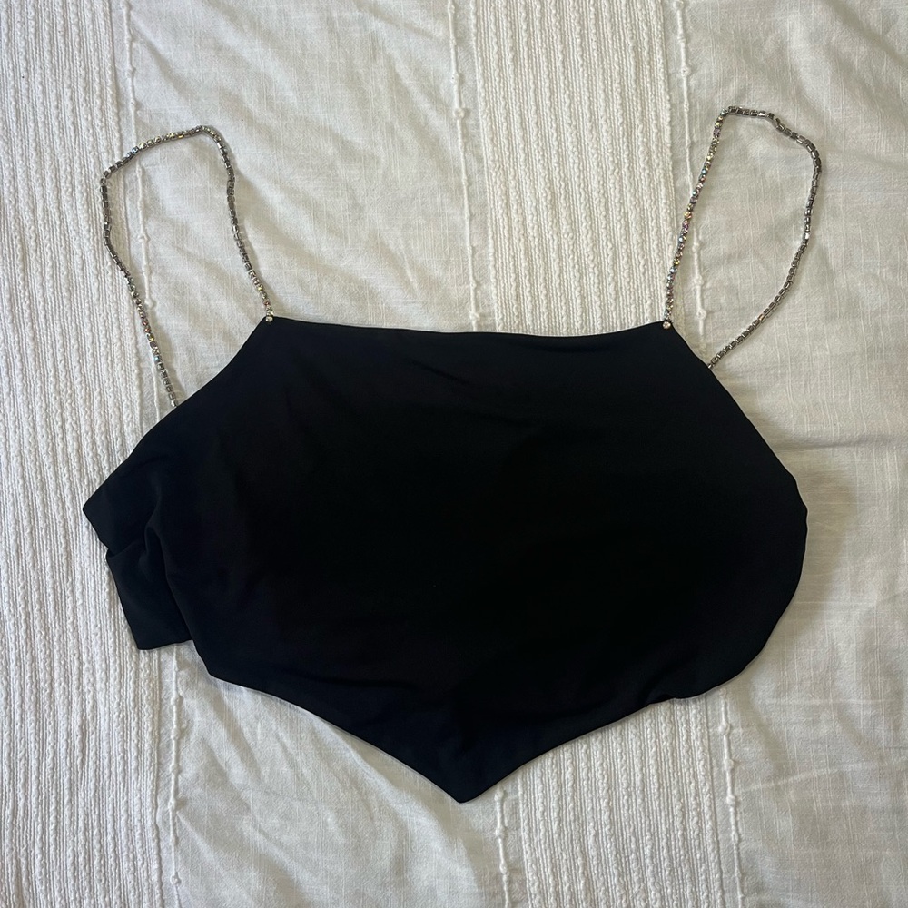 Black cropped tie top with rhinestone strap details